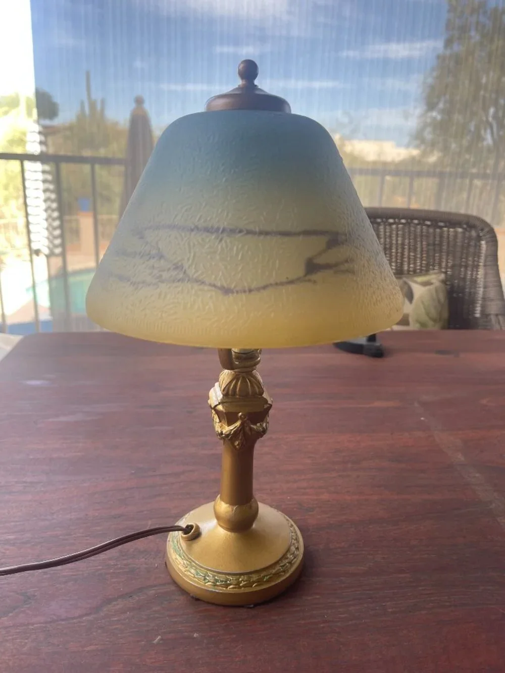 Art Deco Reverse Painted Shade Original Gold Leaf Base Boudoir Lamp - As Is